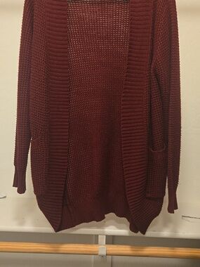 Open-Front Long Cardigan Sweater in Burgundy